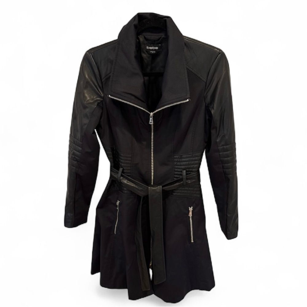 bebe Black Navy Blue Trench Coat with Belt